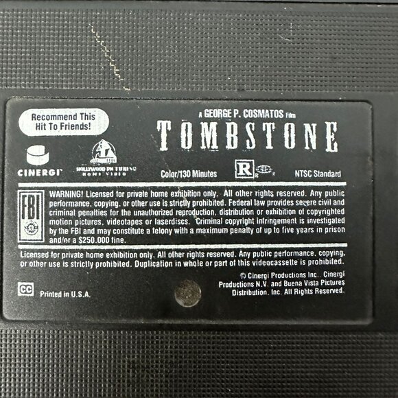 Tombstone VHS 1993 George P. Cosmatos Color 130 Min R-Rated NTSC Pre-Owned - Picture 2 of 7